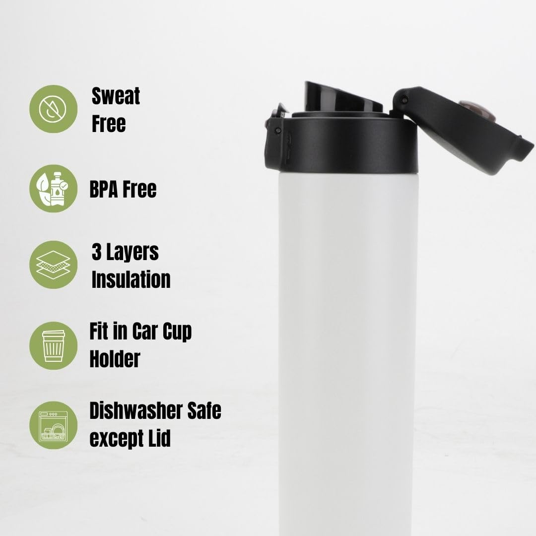 Insulated Water Bottle, Stainless Steel Water Bottle, Double Wall Vacuum Insulated Bottle, Ozizo 18 Oz One Touch Drink Cup, Hot