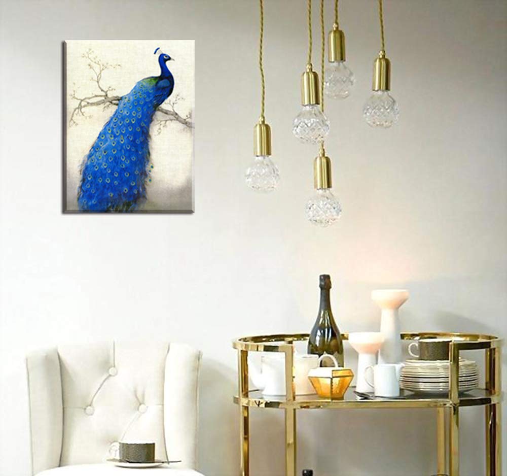 Peacock Wall Art Decor For Bedroom, Piy Beautiful Oil Painting Canvas Prints, Elegant Proud Peacock On Beige Pictures (Waterproo