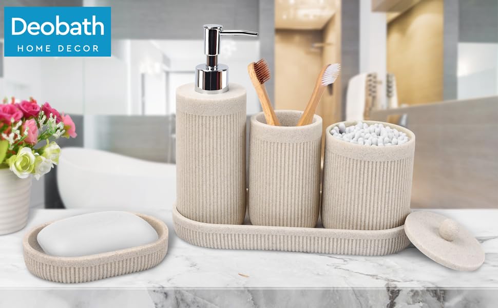 Bathroom Accessory Set 5Pcs- Lotion Soap Dispenser,Toothbrush Holder,Qtip Holder Dispenser,Vanity Tray And Soap Dish-Modern Bath