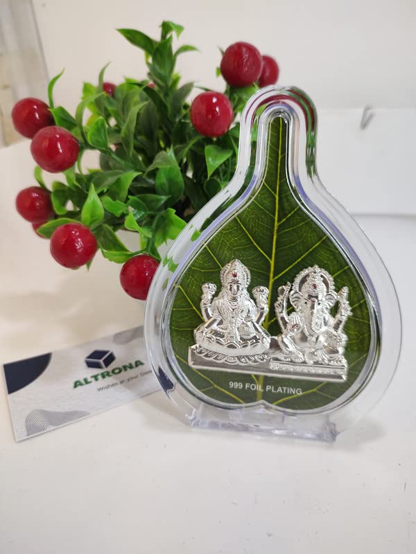 Altrona Ganesha Lakshmi Silver Idol Frame Leaf Shape For Dipawali/Dhanteras/Gifting/Akshaya Tritiya (Size 5X4 Inches)