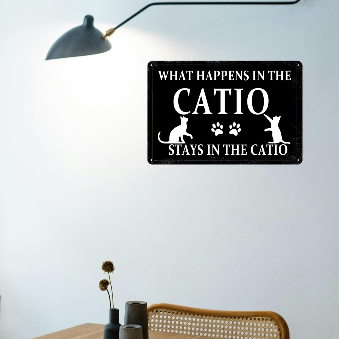 Catio Accessories Outdoor What Happens In The Catio Stays In The Catio Metal Tin Sign Caution Cat Vomit Sign Funny Cat Lover Sig