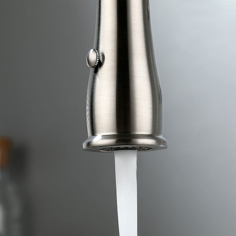 Kunmai Single Handle High Arc Swiveling Dual-Mode Pull-Down Sprayer Kitchen Sink Faucet With Porcelain Handle In Brushed Nickel,