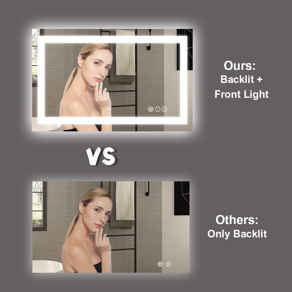 Amorho LED Bathroom Mirror 48''x 36'' with Front and Backlight  Stepless Dimmable Wall Mirrors with Anti-Fog  Shatter-Proof  Memory  3 Colors  Double LED Vanity Mirror