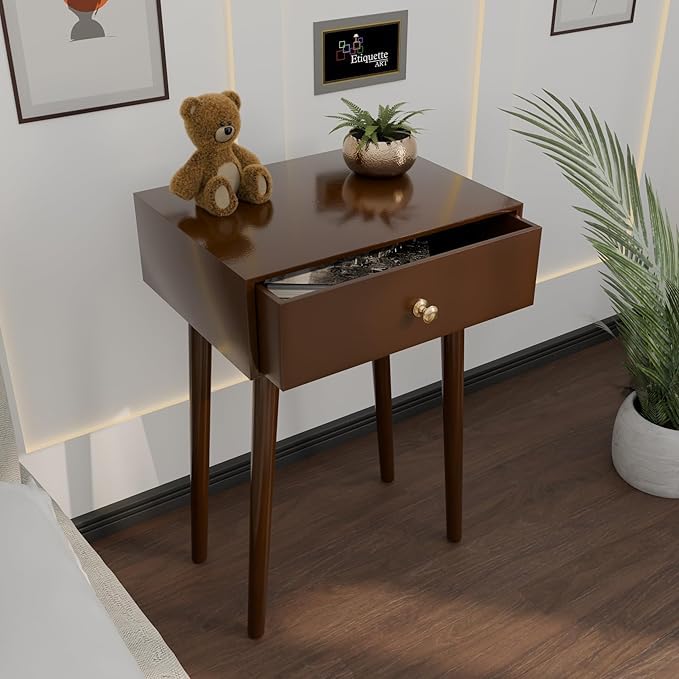 Device Bas With Brown Art Shoppee Nightstands End Side Table With Drawer And Solid Wood Legs, Bedside Table For Bedrooms, Centur