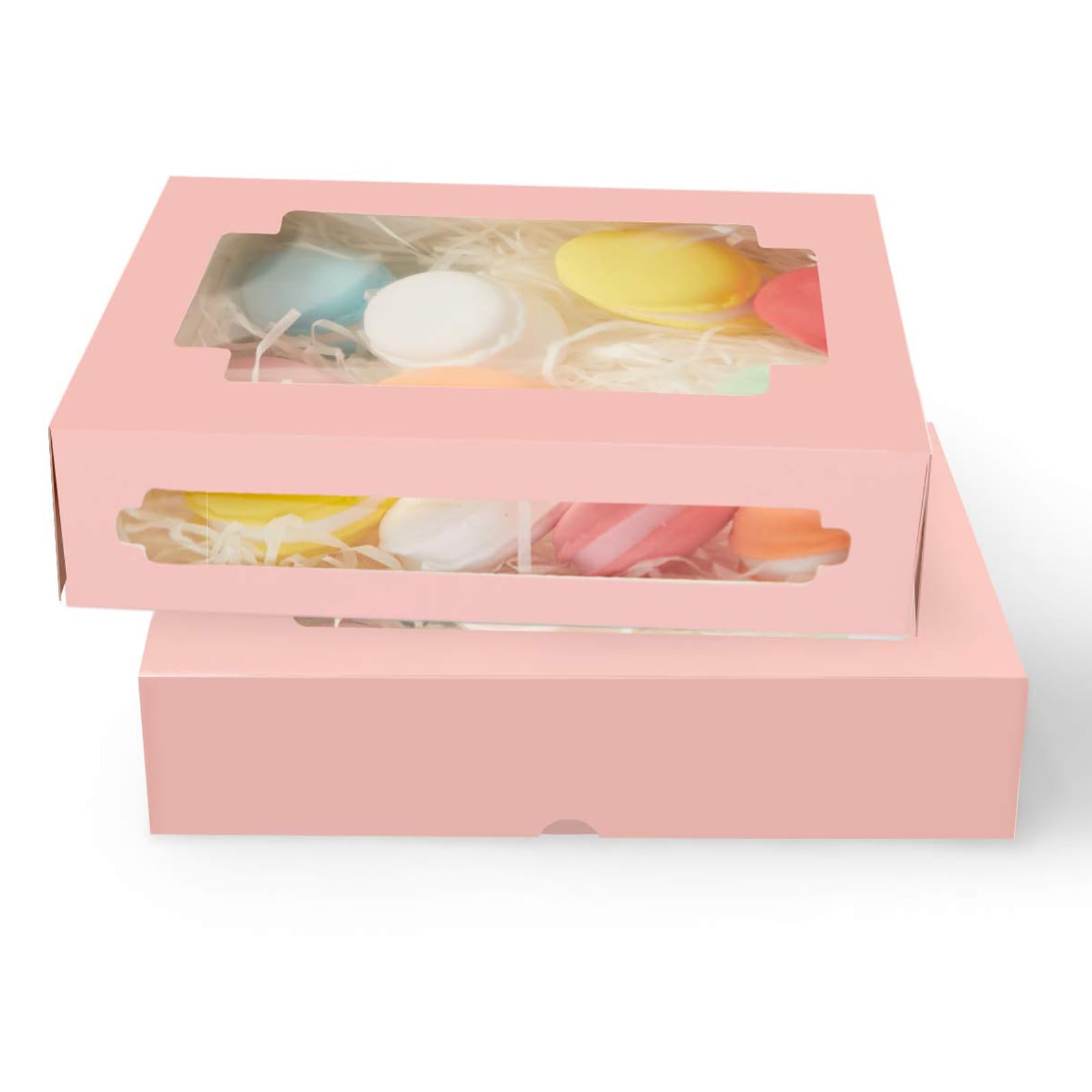 qiqee 50Packs Auto-pop Pink Cookie Boxes for Gift Giving 8x5.3x2 inch One Second Folding Pink Bakery Box with Window Treat Box f