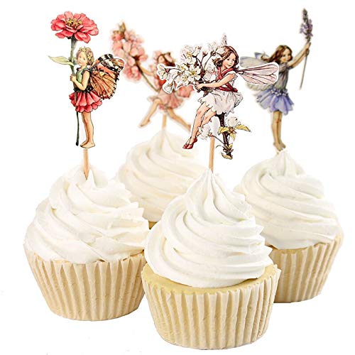 iMagitek 48 Pack Pretty Fairy Flower Cupcake Topper Picks  Cake Toppers Decorations for Fairy Flower Theme Party  Girls' Birthday Party  Wedding