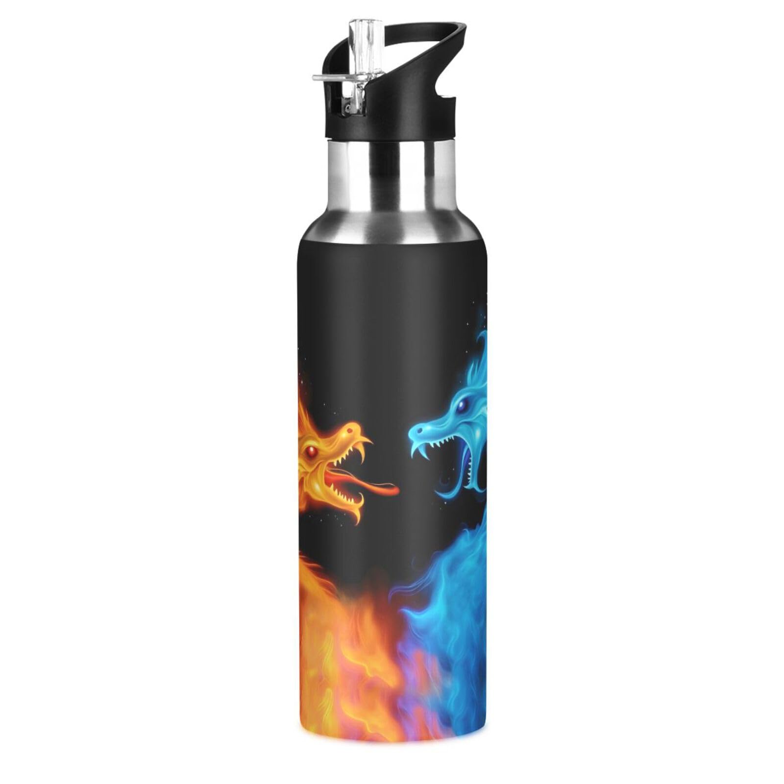 Dragon Water Bottle Kids Fire Dragon Bottle with Straw Lid for Boys Leakproof Insulated Stainless Steel Water Flask School Bottl