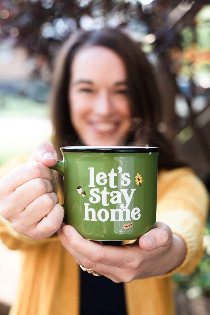 Pearhead Lets Stay Home Ceramic Mug, Autumn Accessories, Fall Holiday Kitchen Decor, Coffee or Tea Cup, Green, 15oz