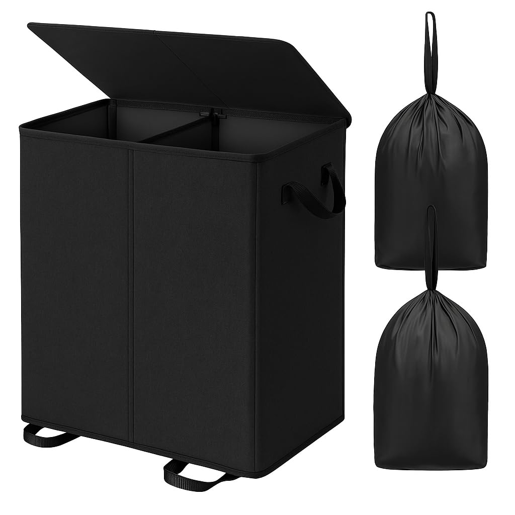 Bettmorrow 170L Double Laundry Hamper With Lid And Removable Bags, Laundry Basket 2 Section, Double Hampers For Laundry, Large D
