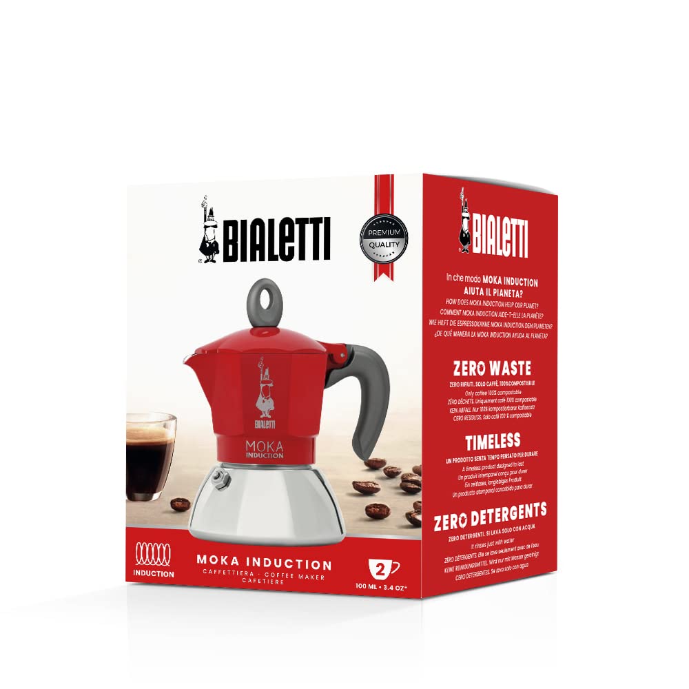 Bialetti - Moka Induction, Moka Pot, Suitable For All Types Of Hobs, 2 Cups Espresso (2.8 Oz), Red