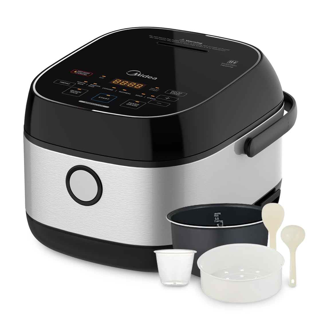 Midea 3L Rice Cooker with Steamer Basket, 6Cup Uncooked Capacity, Induction Heating & Fuzzy Logic Technology, 24h Delay Start &