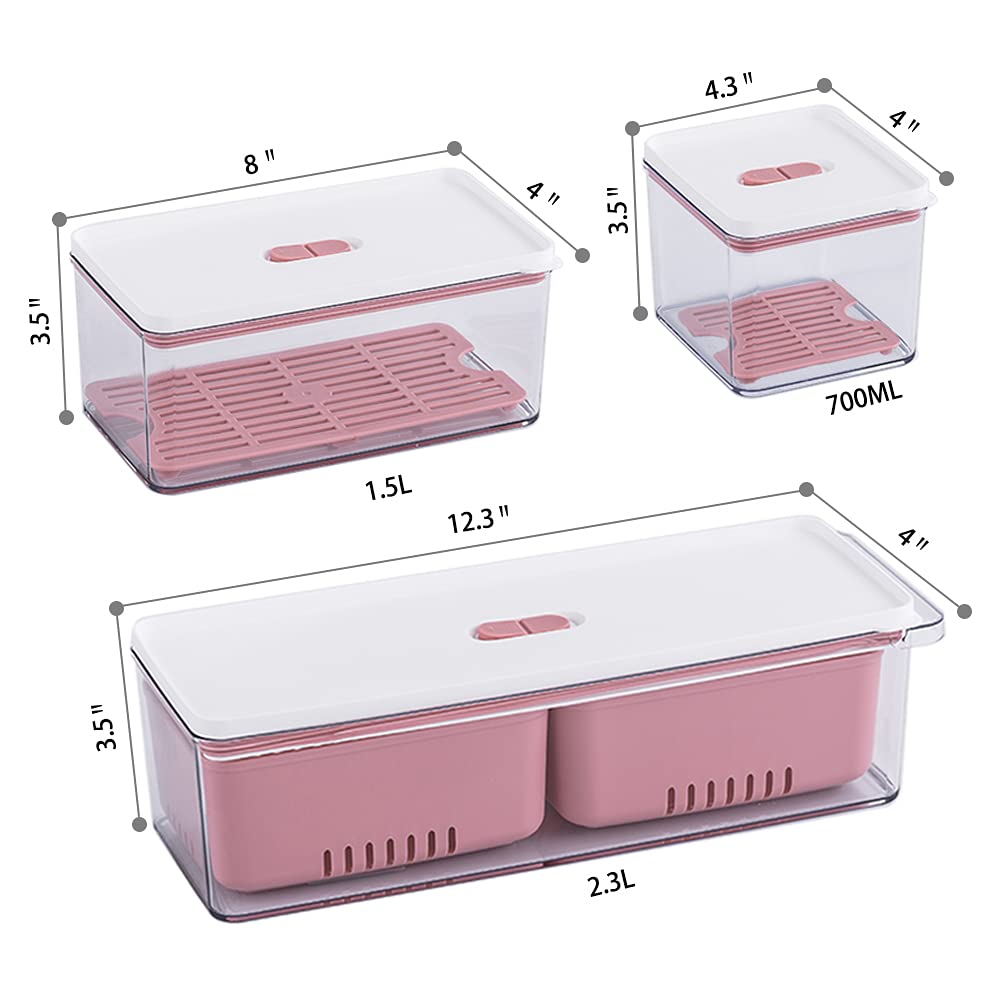Lille Home Stackable Produce Saver, Organizer Bins/Storage Containers With Removable Drain Tray, Set Of Three, For Refrigerators
