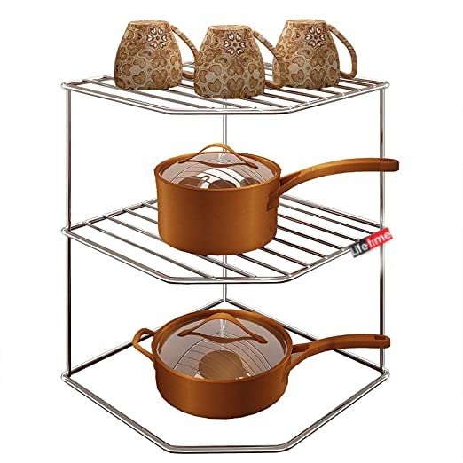 Life Time Sturdy Stainless Steel Corner Shelf Rack For Plates, Bowls & Cups In Kitchen  Size (255 X 255 X 320 Mm)