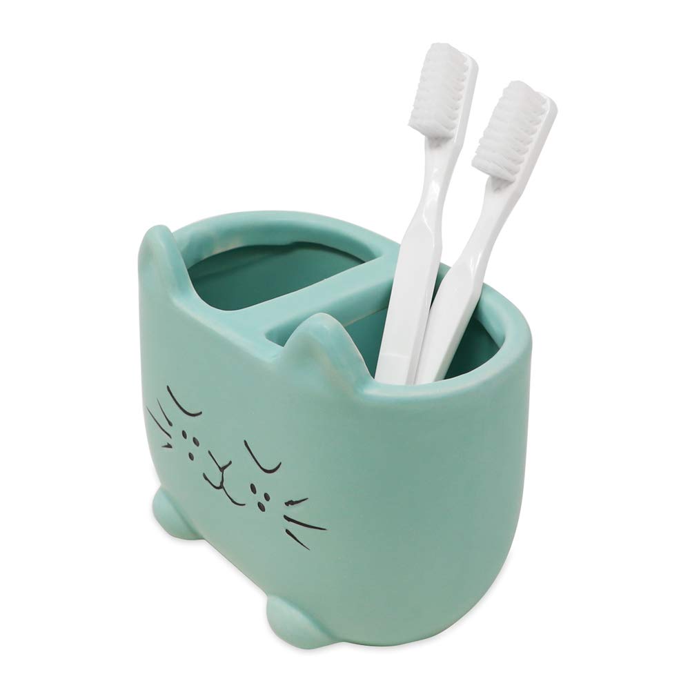 Isaac Jacobs Blue Ceramic Cat Makeup Brush Holder  Multi-Purpose 2-Section Organizer. Bathroom  Kitchen  Bedroom  Office D?or (2-Section Cup  Pastel Blue)
