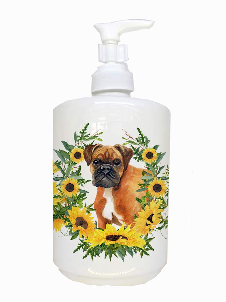 Caroline'S Treasures Ck2832Soap German Boxer In Sunflowers Ceramic Soap Dispenser Hand Soap Dispenser Pump Bottles For Bathroom