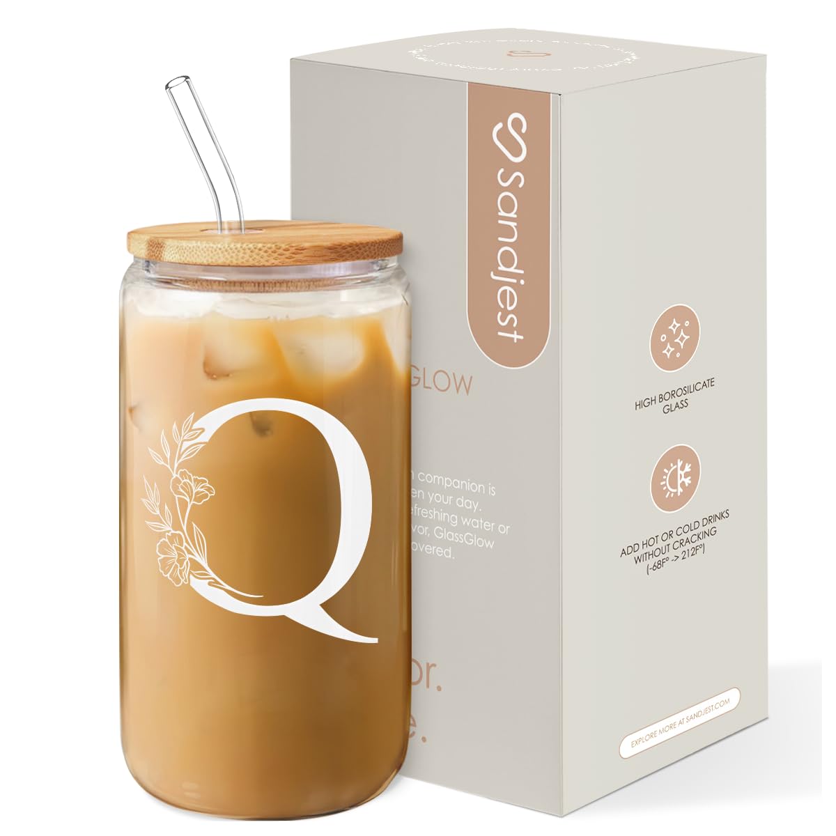 SANDJEST Monogrammed Gifts for Women - Monogram Q Initial Glass Cup 16 Oz Can Coffee Cups with Lid and Straw - Monogram Initials