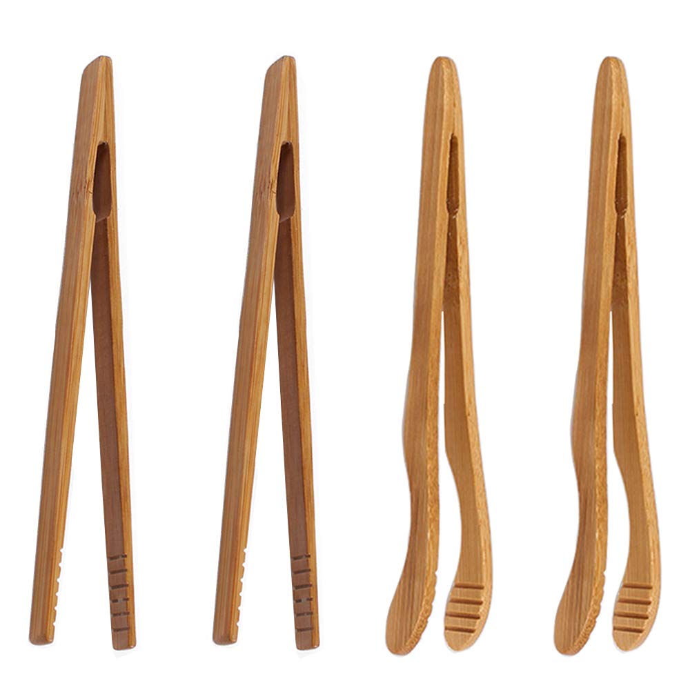 Onerusus 4 Pack Bamboo Toaster Tongs - 7    Reusable Wood Cooking Tongs -Ideal Kitchen Utensil For Cheese Bacon Muffin Fruits Br