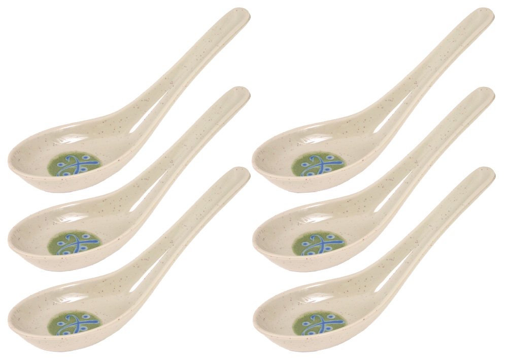Happy Sales Melamine Soba, Rice Spoons, Asian Chinese Won Ton Soup Spoon, 6 Pack Green Abstract Design