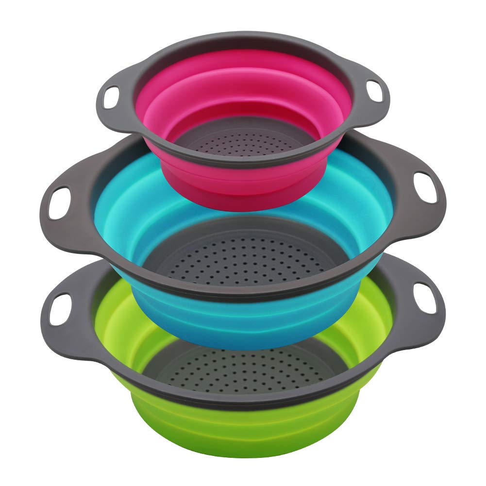 Qimh Collapsible Colander Set Of 3 Round Silicone Kitchen Strainer Set - 2 Pcs 4 Quart And 1 Pcs 2 Quart- Perfect For Draining P