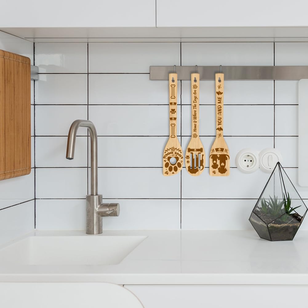 Globleland 6Pcs Dog Bamboo Cooking Utensils Wooden Pet Engraved Cooking Spoons Set Carving Kitchen Bamboo Spatula Set Wood Cooki