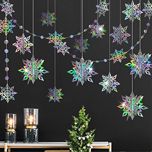 3D Iridescent Snowflake Decorations Holographic Snow Flakes Garland Winter Wonderland Frozen Theme Party Hanging Streamer Backdr