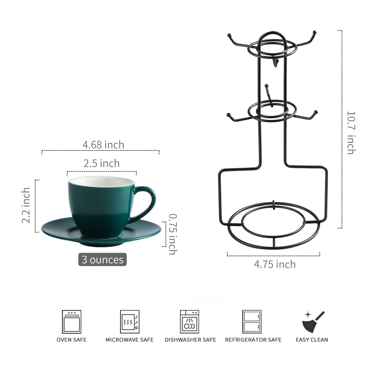 Yhosseun Ceramic Espresso Cups And Saucers Set With Metal Rack, 3 Oz Espresso Cups Set Of 6 - Small Coffee Cups Demitasse Cups F