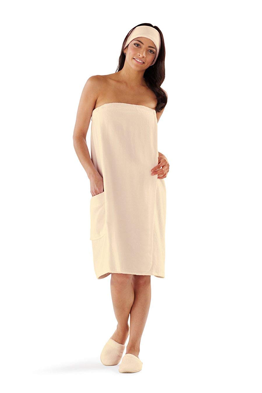 Boca Terry Womens Spa Wrap - 100% Cotton Spa, Shower, Bath And Gym Towel W Snaps, Towel Wrap For Women, Ecru, Medium/Large