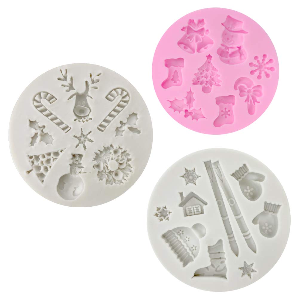 3 Pcs Fondant Silicone Molds, Cnymany 25 Cavity 3D Christmas Sugar Craft Cake Decoration Cupcake Topper Crafting Projects Gum Pa
