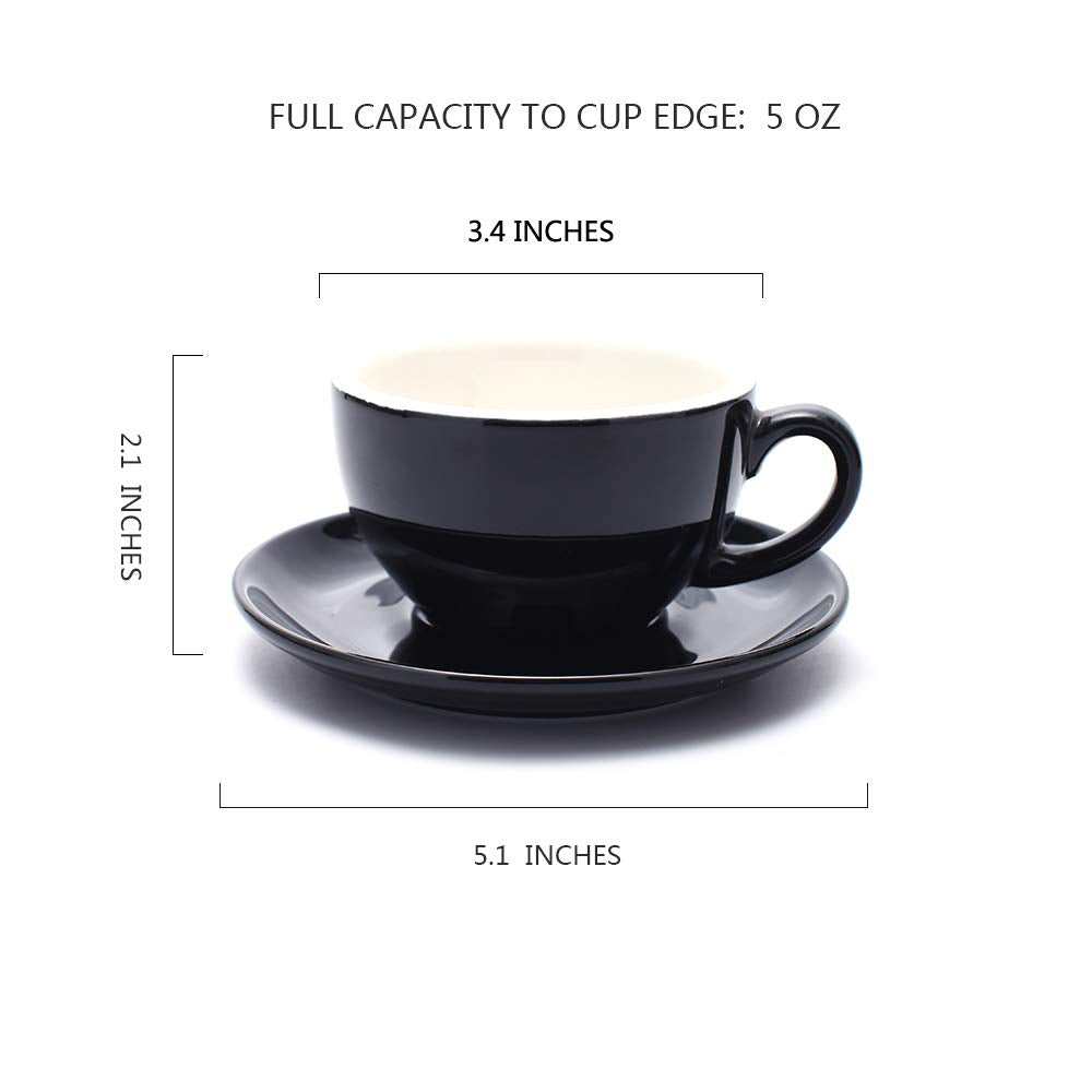 Coffeezone Latte Art Cup And Saucer For Latte & Cappuccino New Bone China, Mate For Coffee Shop And Barista (Glossy Black, 10.5