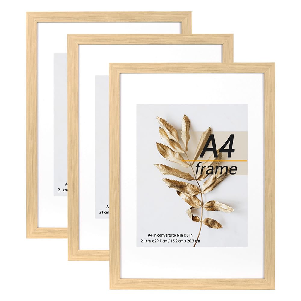 Hogaryo A4 Picture Frame Natural 3 Pcs set can Display 6x8 Picture with Mat or A4 Without Mat on the Wall