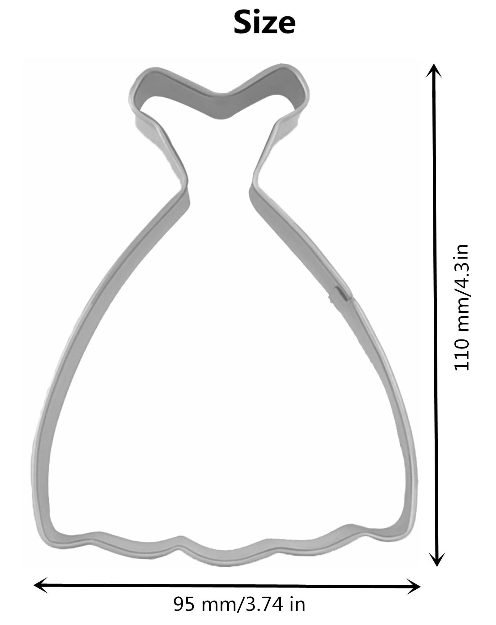 Large Size Dress Shaped Cookie Cutter, Stainless Steel Off-The-Shoulder Wedding Dress Princess Dress Cookie Cutter, 4.3 Inches