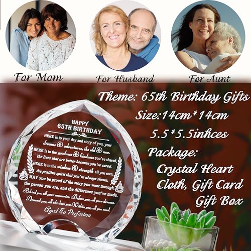 65th Birthday Gifts for Women Men - Crystal Heart Gifts Personalized 1960 65 Year Old Birthday Present for Her Him - Happy 65th