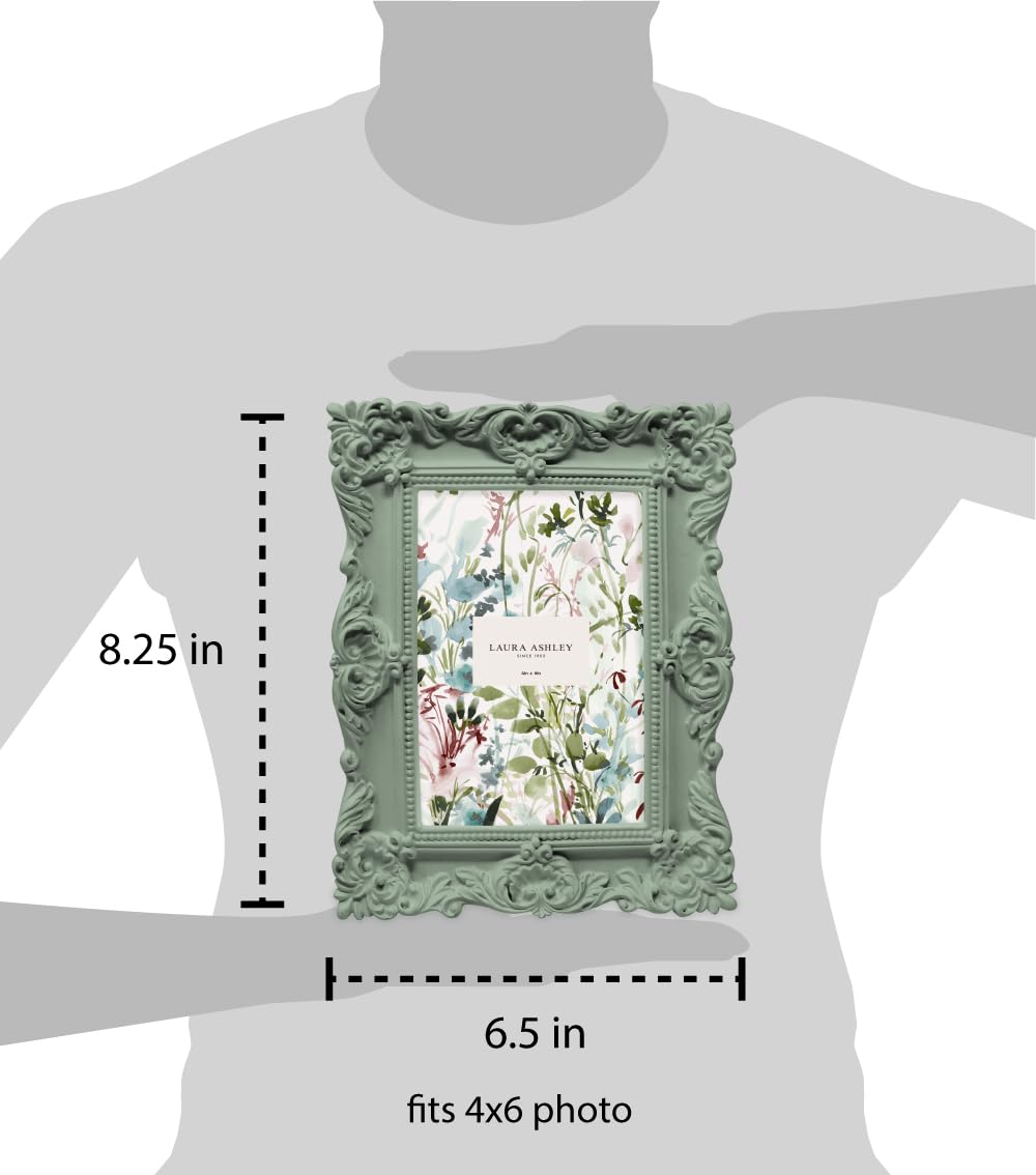 Laura Ashley 4x6 Matt Rosemary Ornate Textured Hand-Crafted Resin Picture Frame with Easel, for Tabletop & Wall Display, Decorat