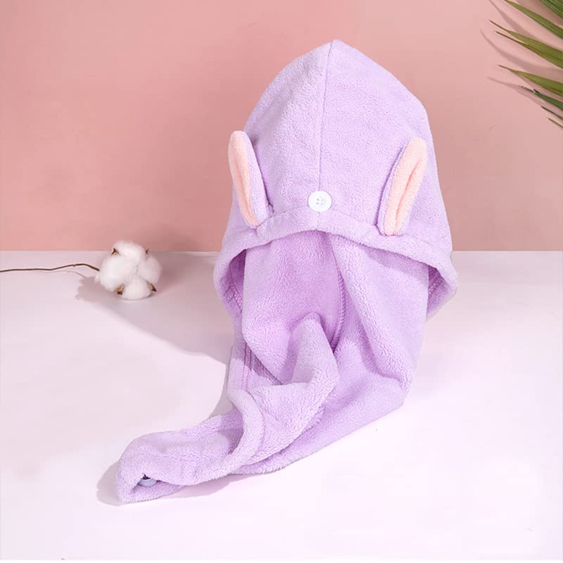 Hair Towel Wrap,(Pink+Purple) Rabbit Ears Turban 2 Pack,Microfibre Hair Towel, Super Absorbent,Hair Drying Towel with Button, Dr