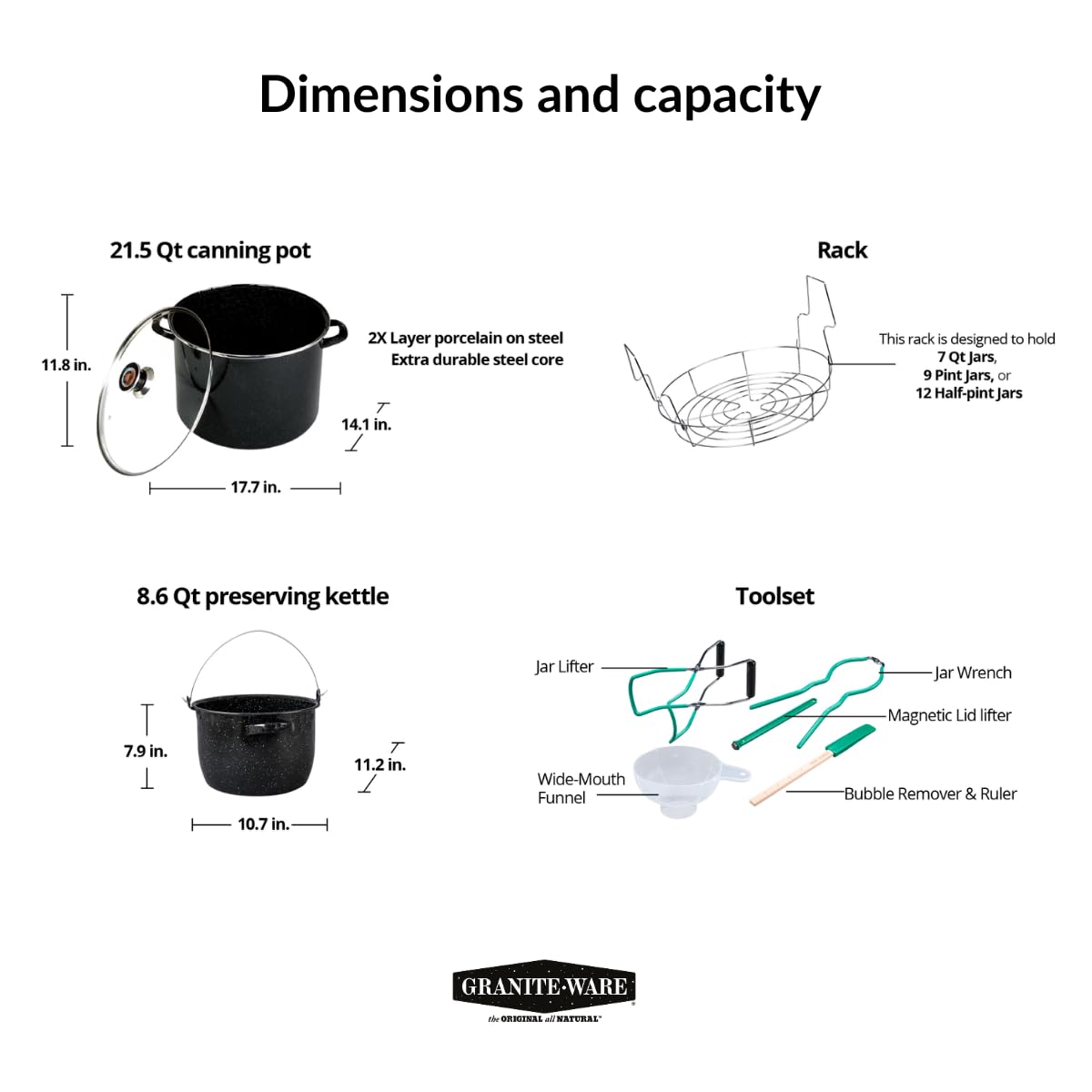 Granite Ware 21.5 Qt Heavy Gauge - 9 Piece Water Bath Canning Pot (Speckled Black) With Canning Toolset, Rack And Preserving Ket