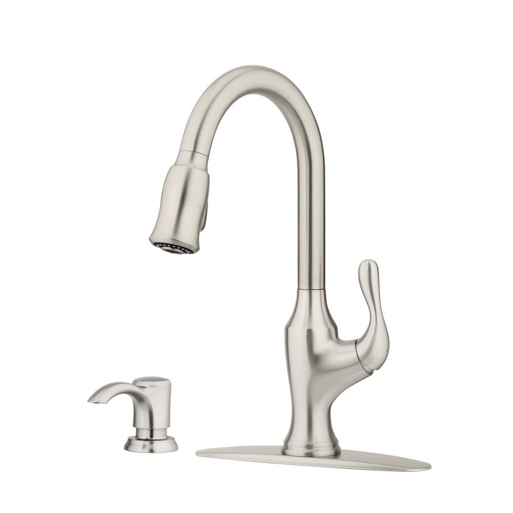 Pfister Deming Kitchen Faucet with Pull Down Sprayer and Soap Dispenser, Single Handle, High Arc, Spot Defense Stainless Steel F
