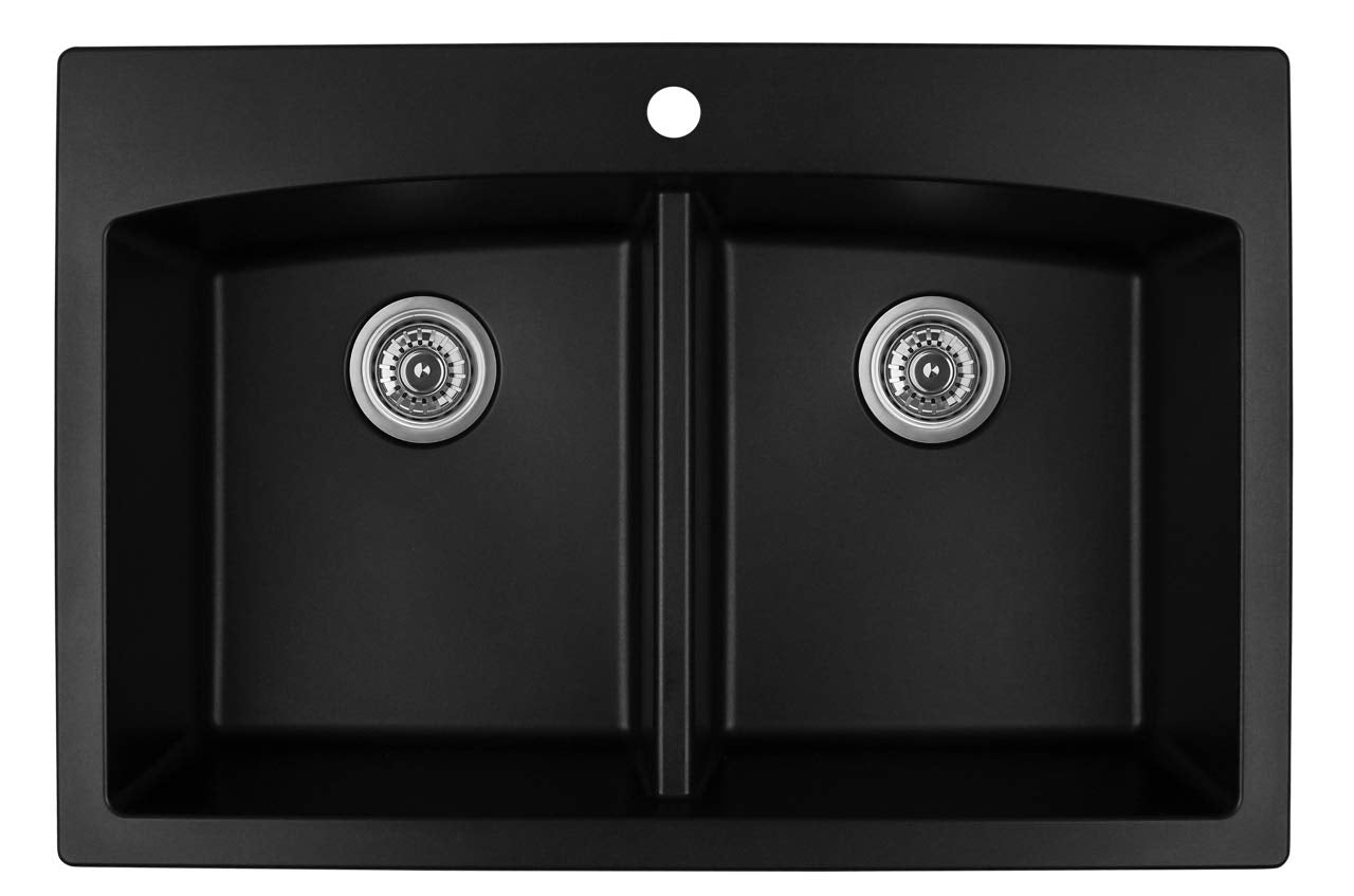 Karran Drop-In Quartz Composite 33 in. 1-Hole 50/50 Double Bowl Kitchen Sink in Black