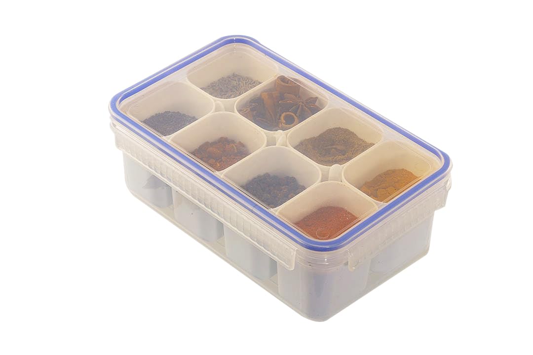 Unica Spice Box With 8 Pots & 4 Tea Spoons, Plastic Spice Organizer With Air Resistant Lid & NonSlip Base, Multipurpose Tray Fo