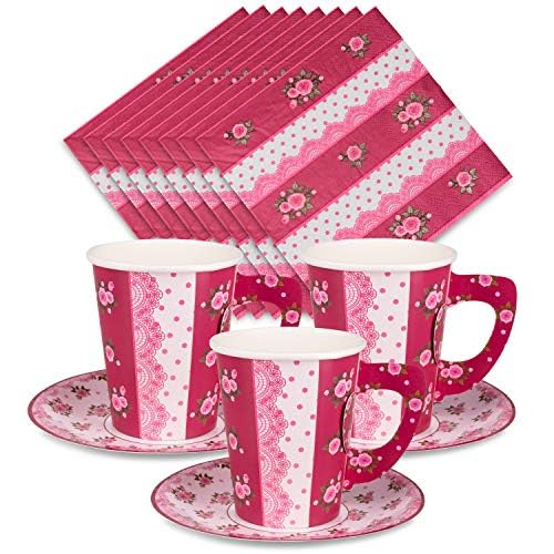 Royal Bluebonnet Paper Tea Cups And Saucer Sets - 24 Sets Of Disposable Tea Party Decorations For Valentine'S Day, Pink Floral C