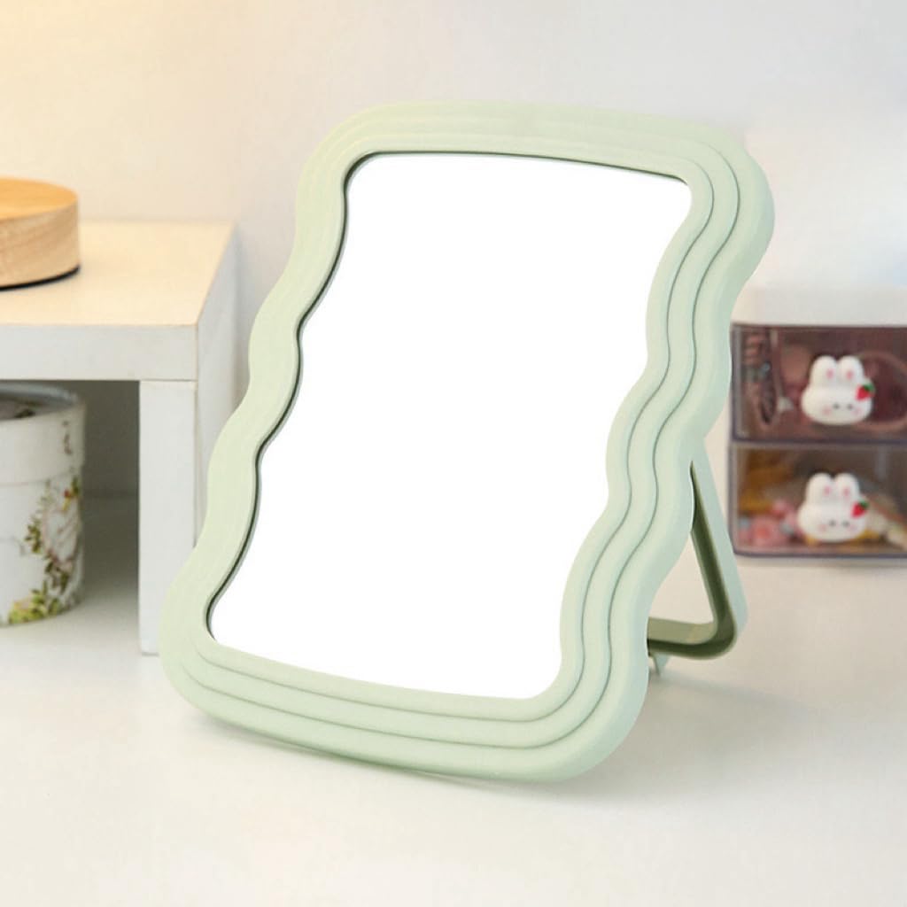 Kzhuim Green Wave Foldable Makeup Mirror - Minimalist Desktop Vanity Mirror, Eco-Chic Decor For Bathroom, Bedroom, Office (7.8X5