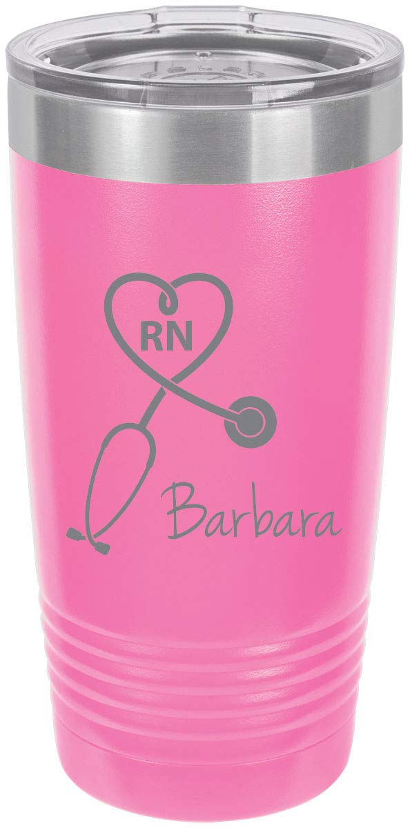 Stethoscope Registered Nurse Personalized Add Your Custom Text Insulated Tumbler 20 Oz Travel Coffee Mug Customizable (Pink)