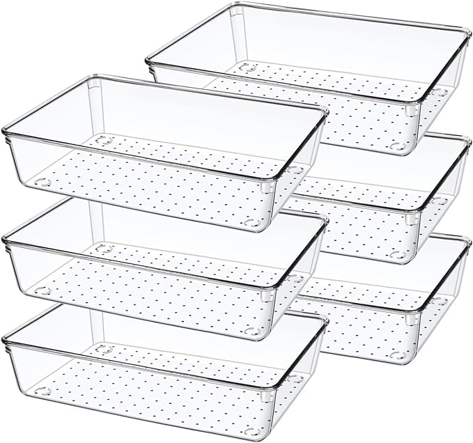 Lijie Clear Plastic Drawer Organizer Set, 6 Pieces, Storage Bins For Bathroom Kitchen Office, Vanity Trays For Cosmetics Jewelle