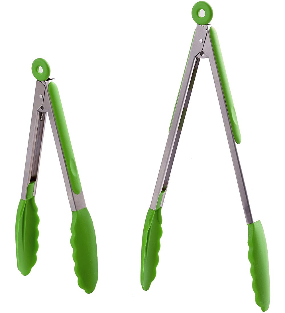 Hiramware Kitchen Tongs Set Of 2 - 9 Inch & 12 Inch - Stainless Steel Food Tongs With Silicone Tips - Premium Locking Non-Stick