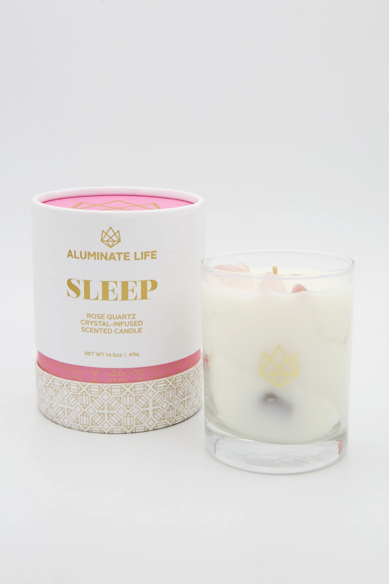 Aluminate Life Luxury Glass Jar Candle, 14.5 OZ, Sleep - Rose Quartz Crystal Infused - Scents of Rose, Lavender, and Vanilla - T