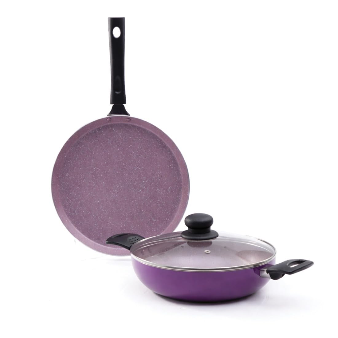 Wonderchef Valencia Plus NonStick Cookware 3 Piece Set | Kadhai, Glass Lid, Dosa Tawa | Cool Touch Bakelite Handles | Pure Grad