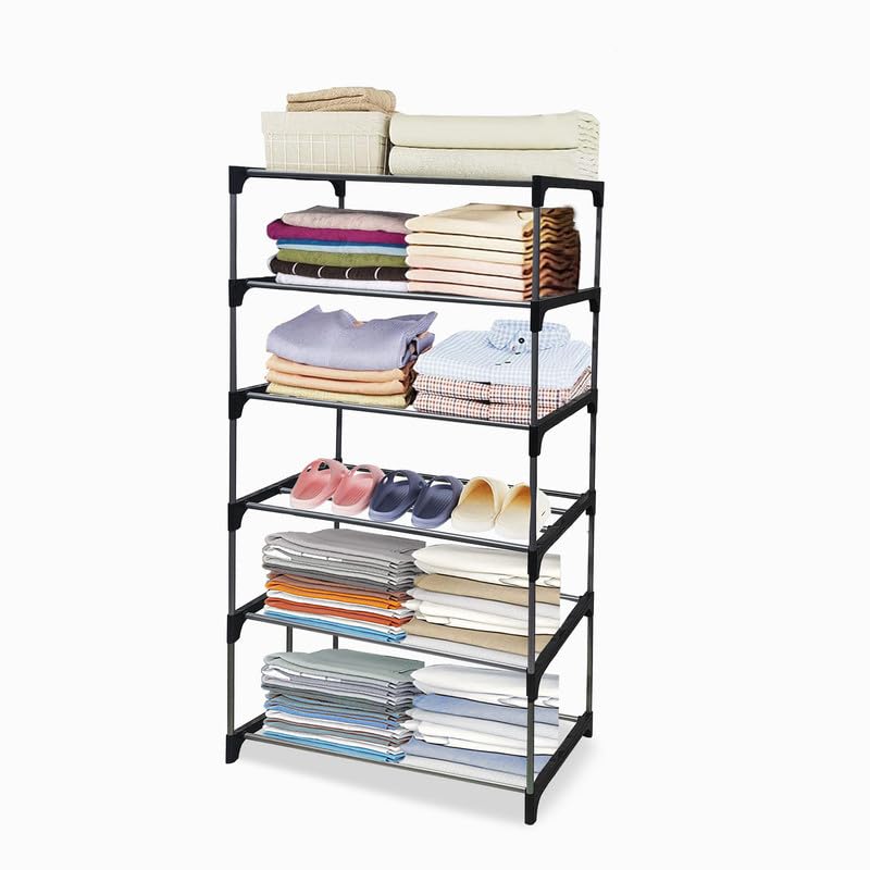 Konline 6 Tier Collapsible Wardrobe Clothes Organizer Adjustable Racks Space Saving Foldable Metal Stand Multipurpose Storage Sh