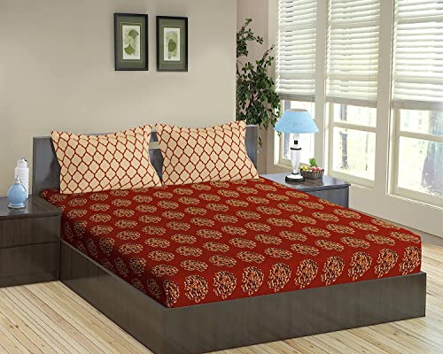 Trance Home Linen 200Tc 100% Cotton Queen Size Printed Bedsheet | Bedding Set Of Queen Size Flat Bed Cover With 2 Pillow Covers 