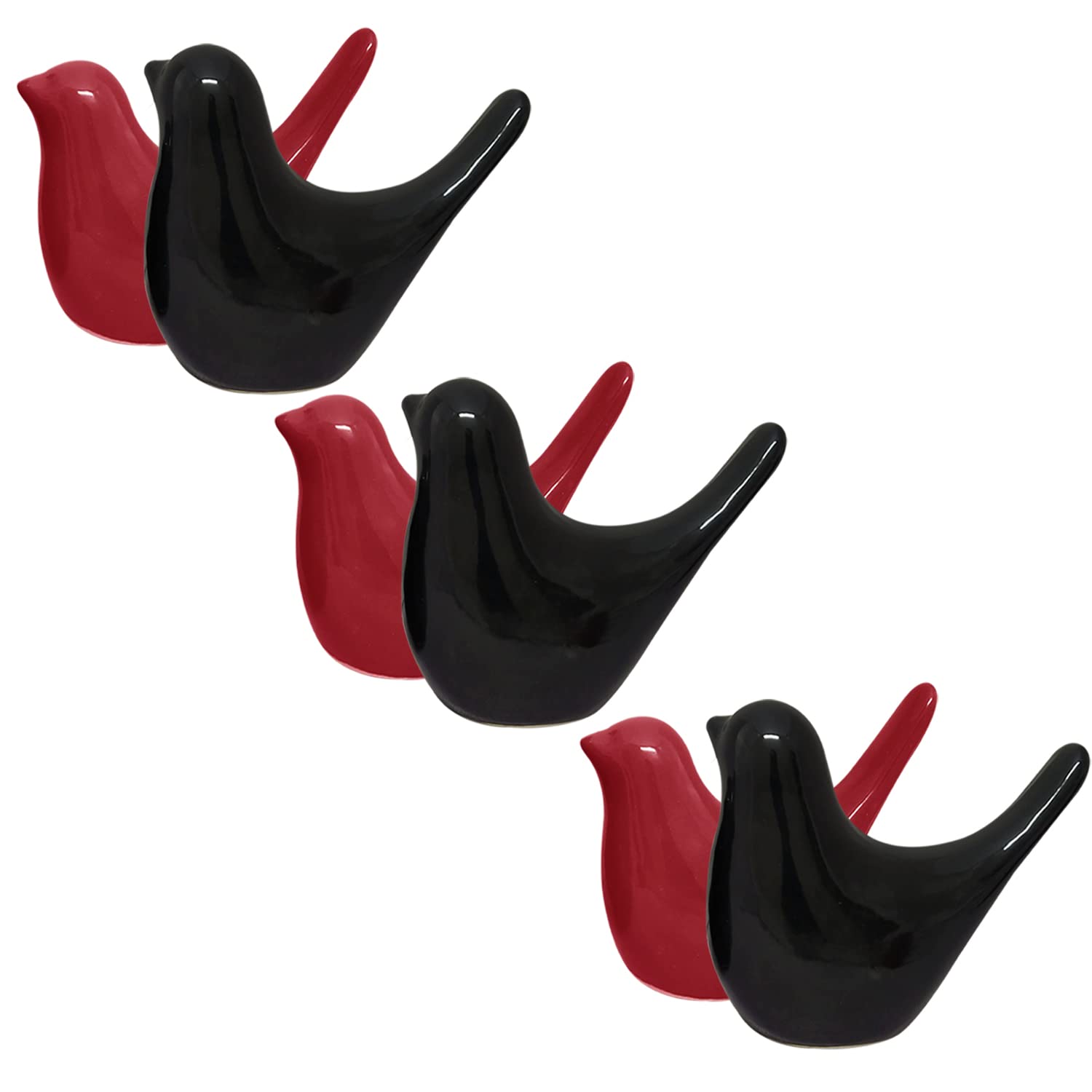Xtore Creative Black And Red Glossy Ceramic Birds Figurines Home Decorations Accessories Party (Pack Of 6, Red & Black)