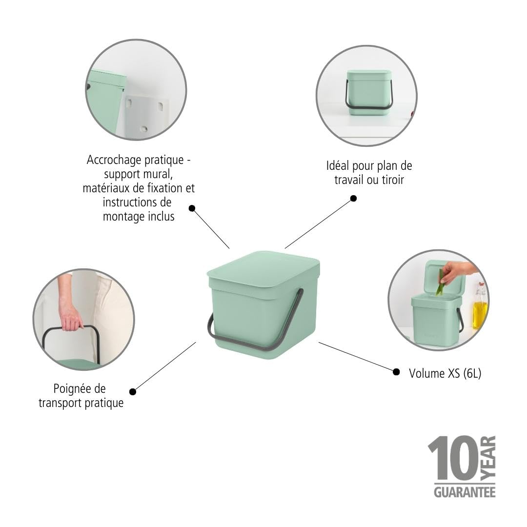Brabantia Sort & go Food Trash can (16 galJade green) Small countertop Kitchen compost caddy with Handle & Removable Lid  Easy clean  Fixtures Included for Wallcupboard Mounting