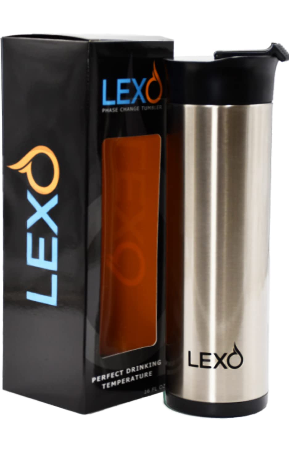 Lexo Temperature Regulating Smart Travel Mug - Flip Top Lid (Stainless Steel & Black, 16. Oz.)